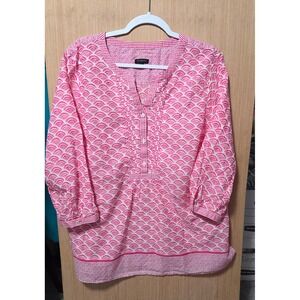Talbots Sz XL Ladies Tunic Top Pink White‎ 3/4 Sleeve Button Up Pintuck Blouse